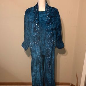 3 piece Risky teal blue size small outfit jacket w/ 3/4 sleeves blouse and pant